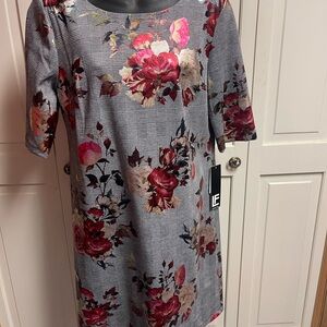 Leslie Fay Gray Pink Sheath Dress 3/4 Sleeve Crew Neck Midi